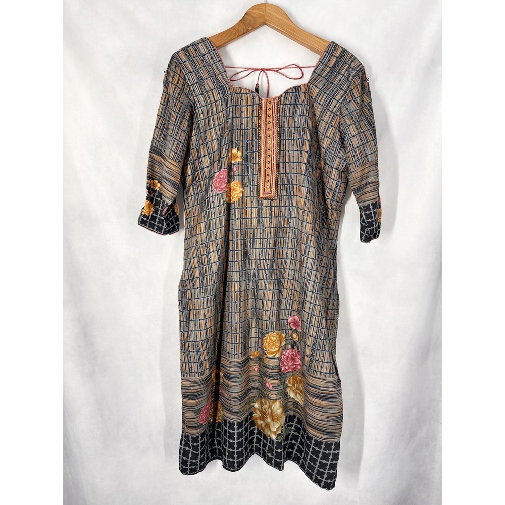 Handmade 3/4 Sleeve Floral Geometric Multicolor Kurta Dress Womens Size Large